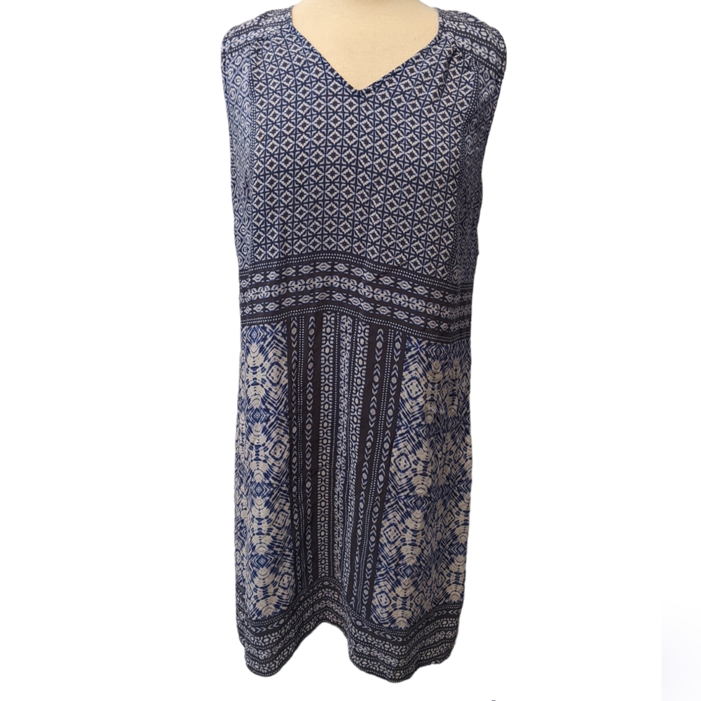 Zozo Women's Blue White and Gray Silk Sleeveless Sheath Dress Size XL